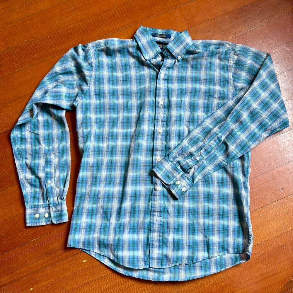 Vtg Alexander Julian Mens Lightweight Blue & Teal Plaid Button Down Shirt Size M